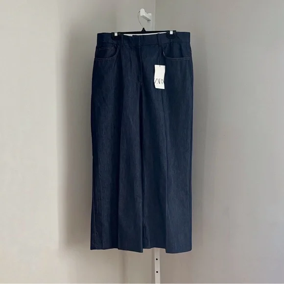 Zara Dark Blue Denim Wide-Leg Trouser High Waist Jeans Women’s Size 12 - Picture 7 of 9